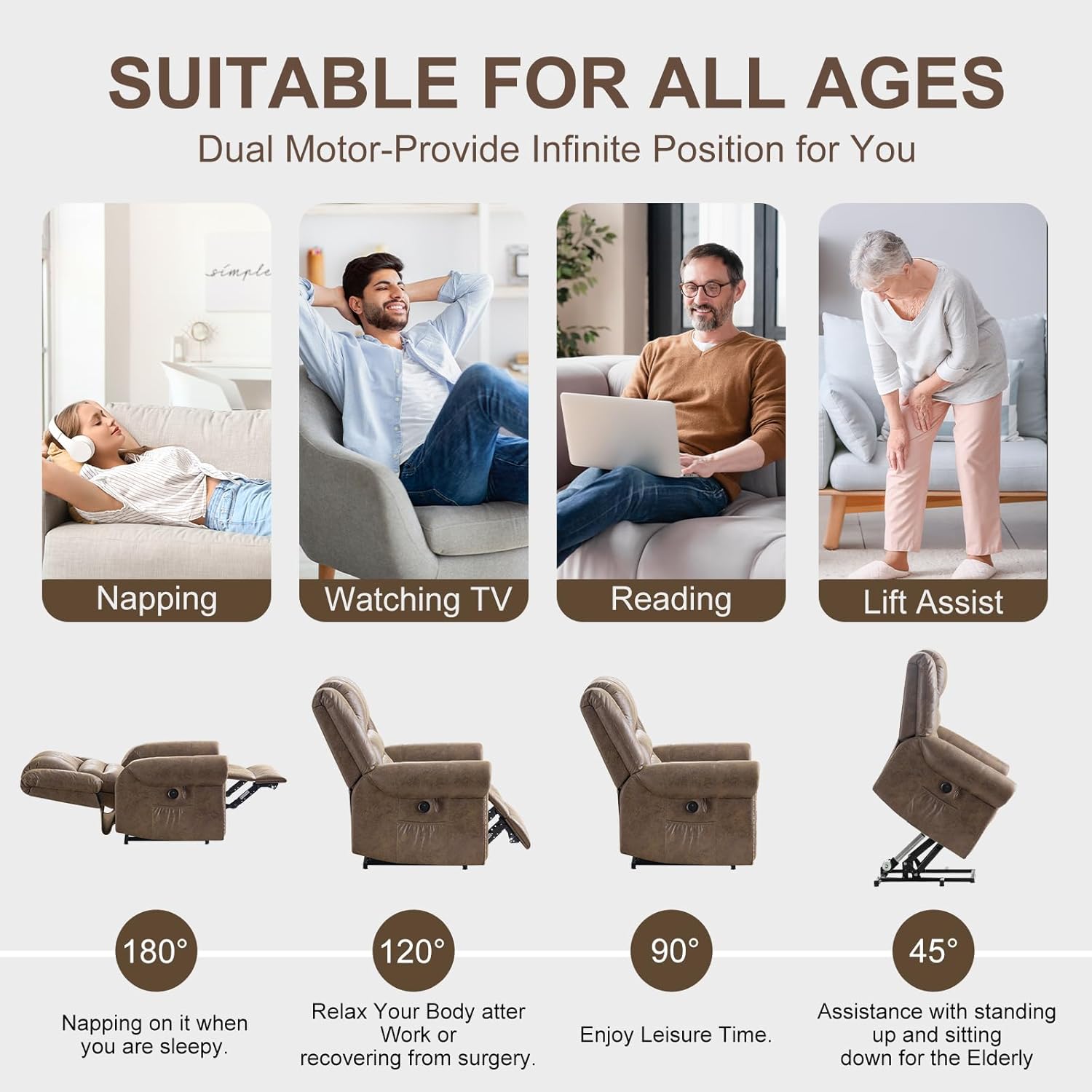 Lay Flat Dual Motor Power Lift Recliner Chair with Massage and Heat for Elderly, Breathable Leather Overstuffed Lift Chairs, Infinite Position Recliner Chairs for Sleeping, 1PC, Light Brown