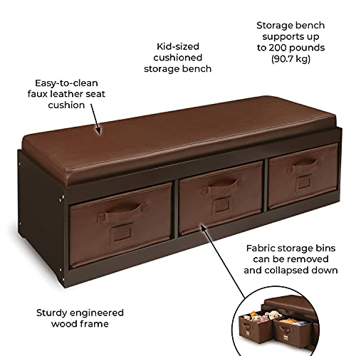 Badger Basket Kid's Padded Toy Storage Bench with Cushion and Three Fabirc Bins - Gray