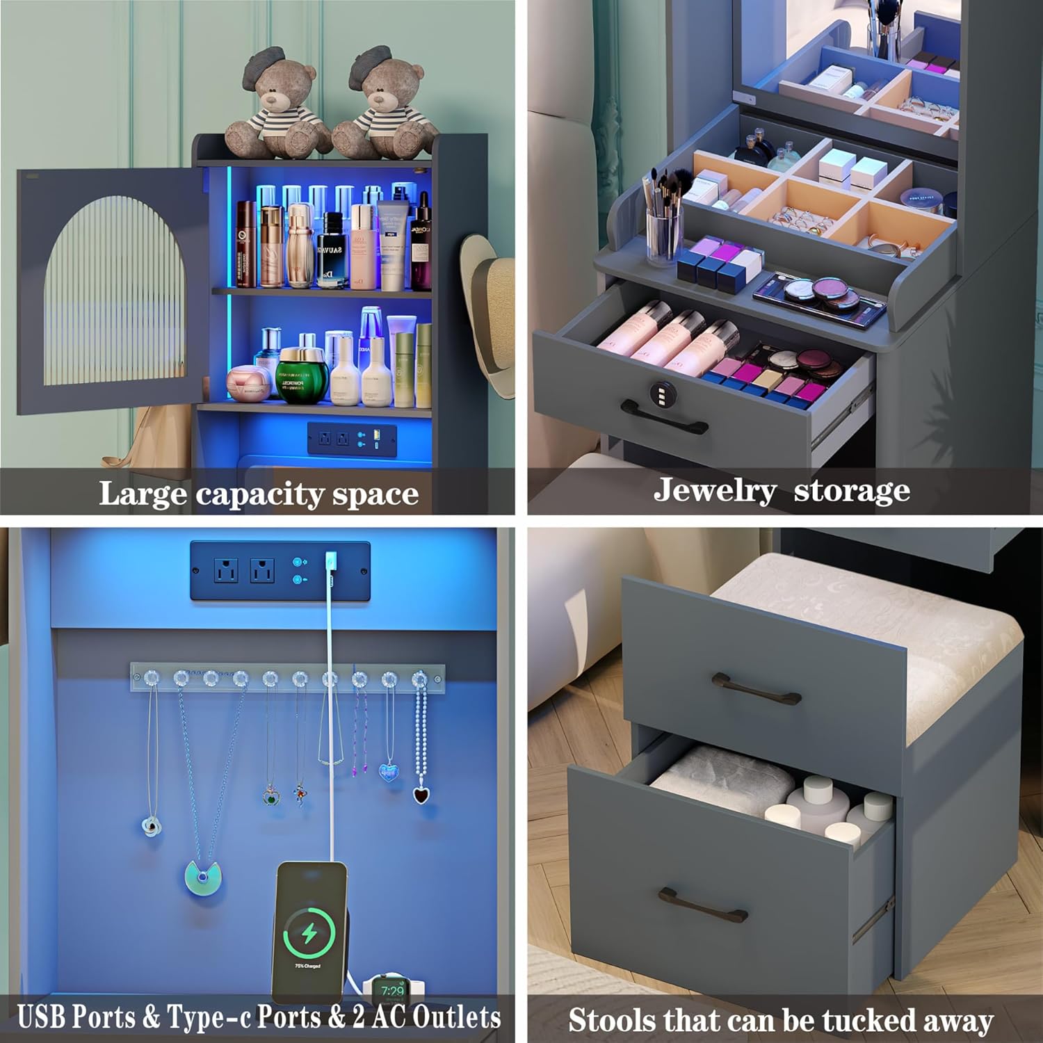 Small Vanity Desk with Mirror and Lights: Makeup Vanity Table with Combination Lock Drawers for Bedroom, Vanity Desk Set Dressing Table with Charging Station and Human Sensor(Grey)
