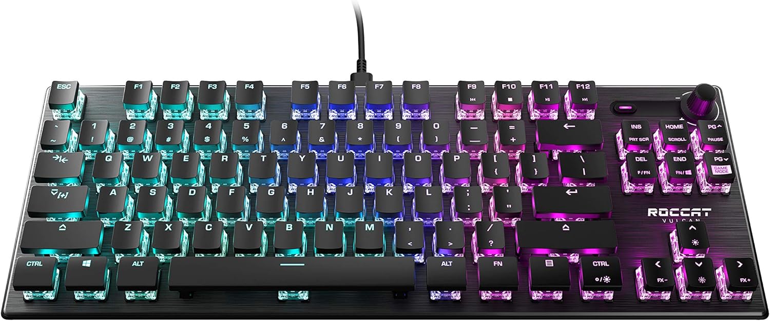 ROCCAT Vulcan TKL Linear PC Gaming Keyboard, Titan Switch Mechanical with Per Key AIMO RGB Lighting, Tenkeyless, Compact Design, Anodized Aluminum Top Plate, Detachable USB-C Cable, Black