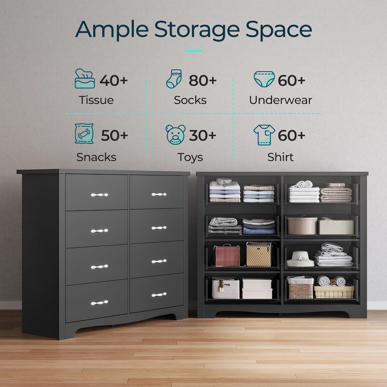 LINSY HOME 8 Drawer Dresser, Black Dresser for Bedroom, Modern Dresser Chest with Wide Drawers, Wood Storage Chest of Drawers for Living Room