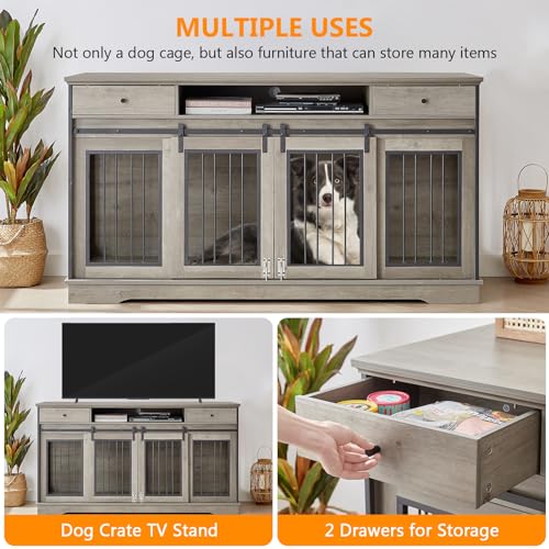 86 Inch Double Dog Crate Furniture with Divider, 4 Combination Forms Large Dog Kennel Furniture for 2 Dogs, Rustic Brown Corner Dog Kennel for Small Medium Large Dogs