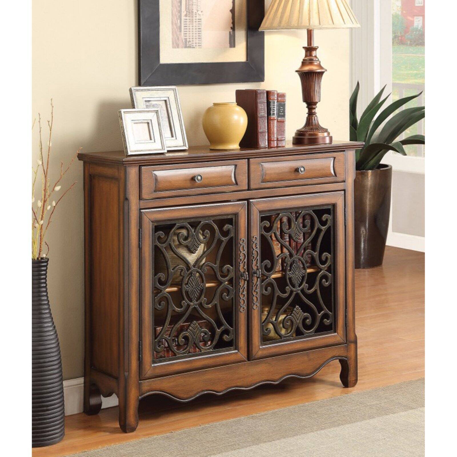 Benzara - Old-Style Wooden Accent Cabinet with Storage Drawers, Brown