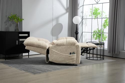 Light Grey Recliner Chair for Elderly | Tall and Big Man 400lbs | Chenille | Power Lift, Lay Flat, Stand Up, Wireless Charging Device, Extended Footrest, Massage Heat, Cup Holder, Lumbar Pillow