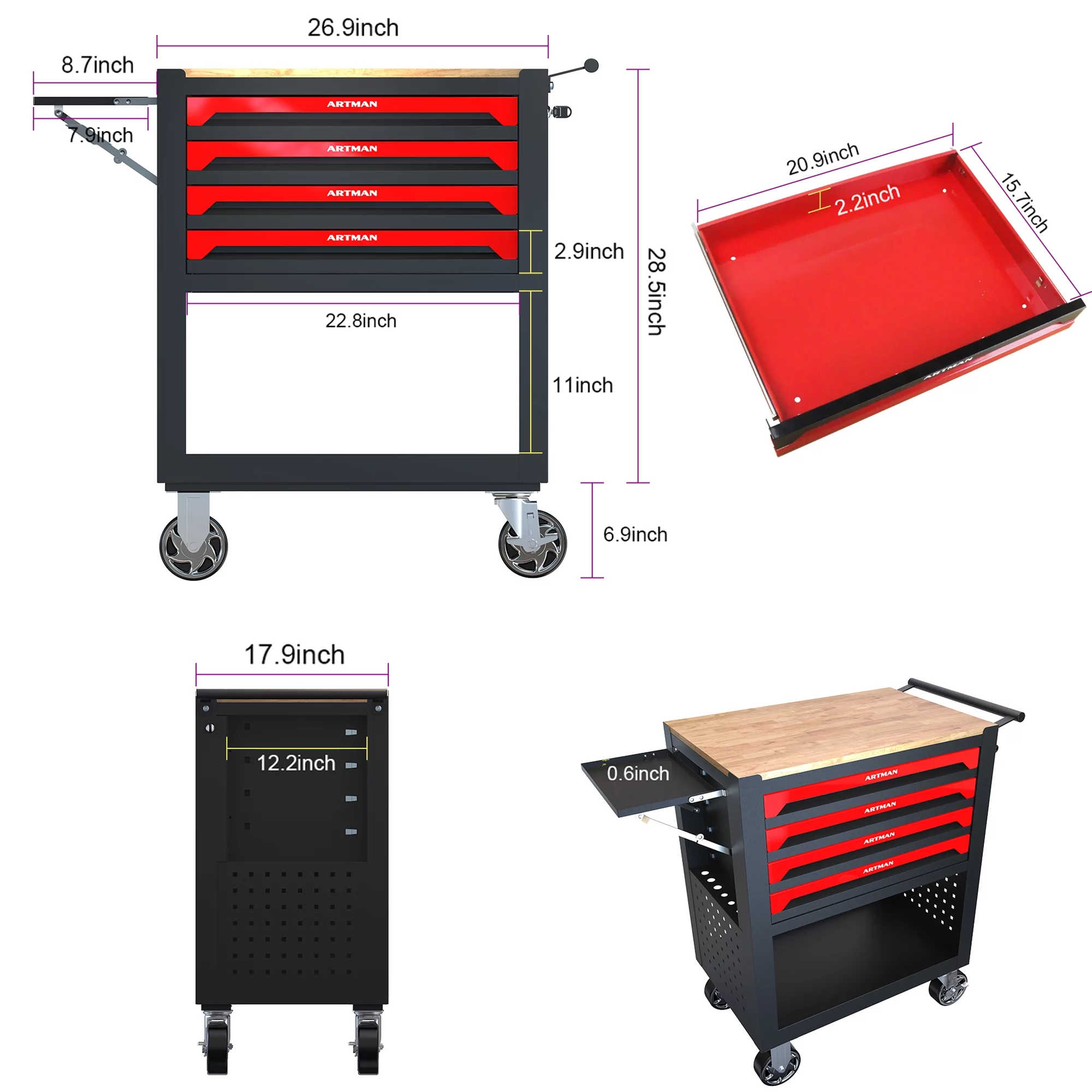 Seizeen 4-Tier Rolling Tool Cart, Multi-Purpose Mechanic Tool Chest On Wheels with Cabinet, Extended Tray & Handle, Heavy Duty Work Bench with Wooden Top and Tool Storage Organizer