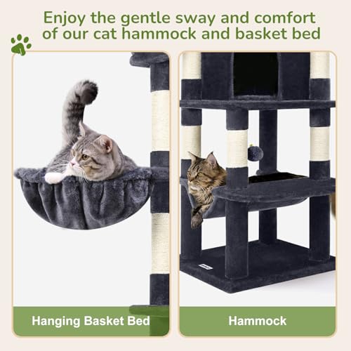 Globlazer Corner Cat Tree for Large Cats, 66inch Tall Curved Series Large Cat Tower for Multiple Indoor Cats with 6 Scratching Posts, 2 Spacious Cat Condos, Hammock, Hanging Basket, C66, Beige