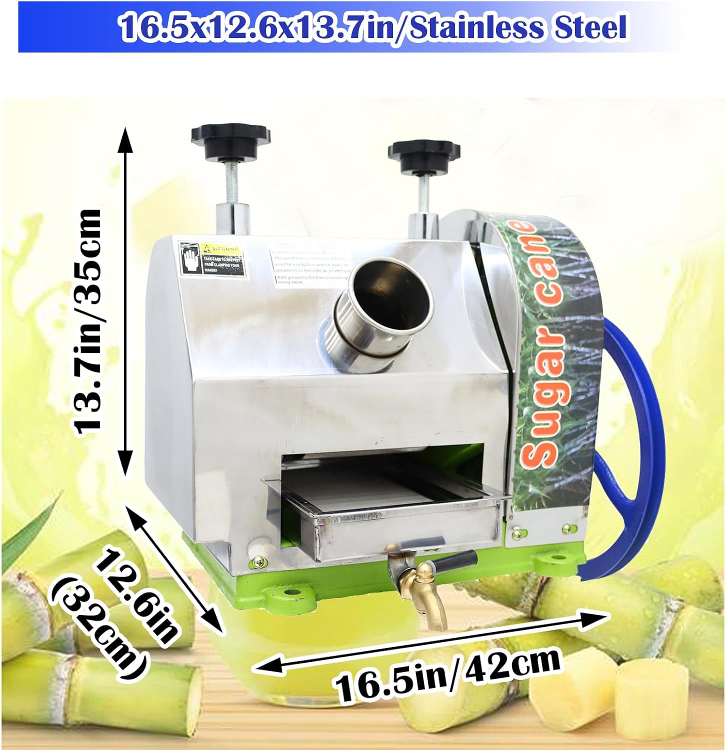 INTBUYING Manual Sugarcane Juicer Sugarcane Press Machine Sugarcane Juice Extractor W/3 Rollers for Sugar Cane Squeezer Juicer Machine 2 Paring Knives Stainless Steel Filter Faucet Handwheel