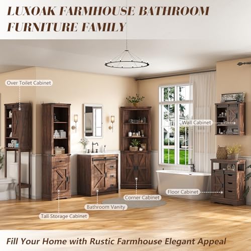 Farmhouse Over The Toilet Storage Cabinet, 68" Tall Bathroom Storage Cabinet with Sliding Barn Door & Adjustable Shelves, Above Toilet Storage for Bathroom, Laundry Room, Rustic Oak & White