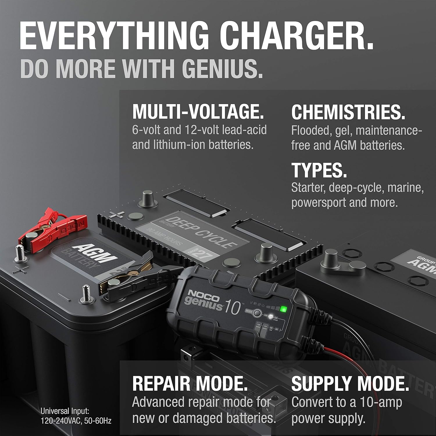 NOCO GENIUS10, 10-Amp Fully-Automatic Smart Charger, 6V and 12V Battery Charger, Battery Maintainer, Trickle Charger, and Battery Desulfator with Temperature Compensation , Black