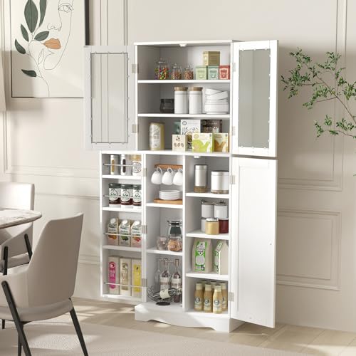 LOKO 63.5" Tall Kitchen Pantry Storage Cabinet, Utility Food Buffet Cabinet with Glass Doors, Storage Shelves, Door Racks, Freestanding Cupboard for Dining Room, Living Room (White)