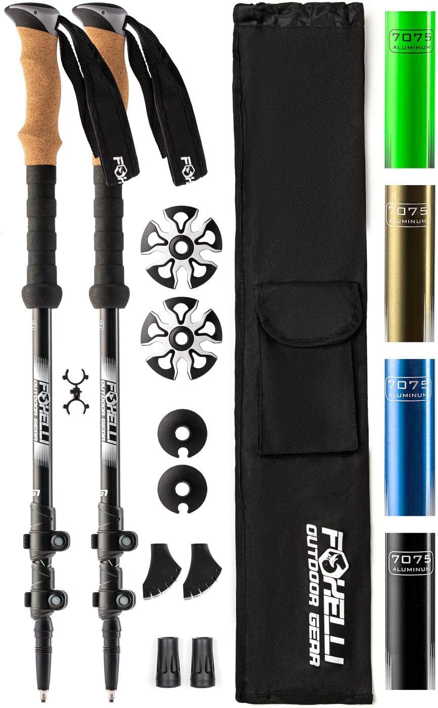 Foxelli Trekking Poles &ndash; 2-pc Pack Collapsible Lightweight Hiking Poles, Strong Aircraft Aluminum Adjustable Walking Sticks with Natural Cork Grips and 4 Season All Terrain Accessories