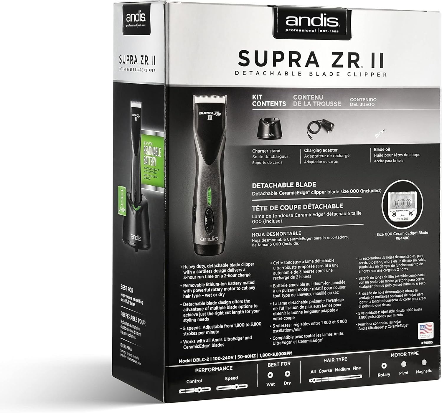 Andis Supra ZR II Cordless Ion Clipper DBLC-2 (79005) - Bundled with BeauWis Blade Brush