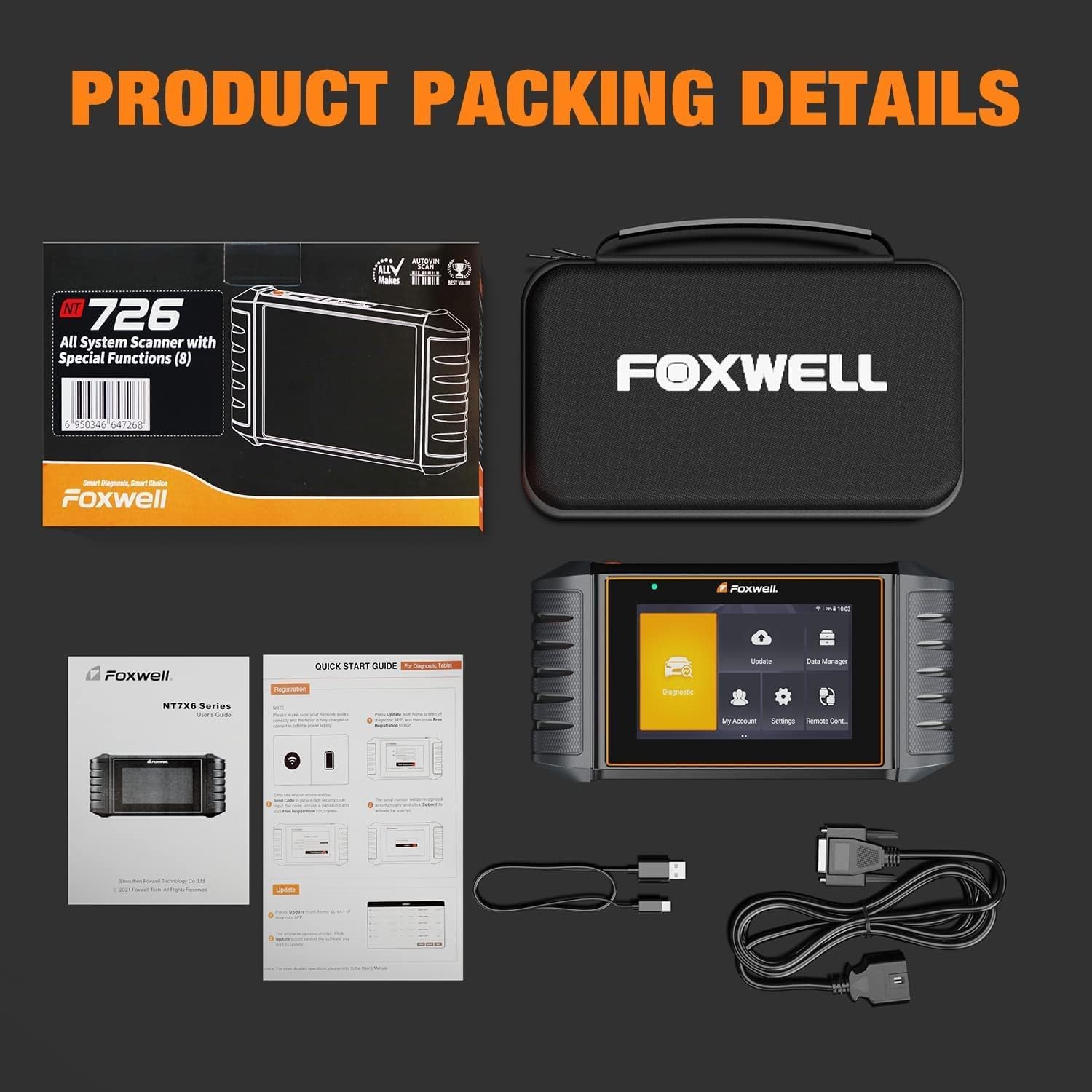 FOXWELL NT726 All System OBD2 Scanner Tablet with 12 Reset Service for All Cars Engine ABS Airbag Transmission Diagnostic Code Reader Scan Tool with Oil EPB TPMS BMS TPS Injector Coding Air Suspension