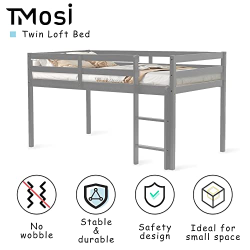 Tmosi Low Loft Bed Twin,Solid Wood Kids Twin Bed Frame with Ladders and Guard Rails,Space Saving Twin Size Loft Bed for Girl Boy,No Box Spring Needed,Easy to Assembly (Built-in Ladder-Grey)