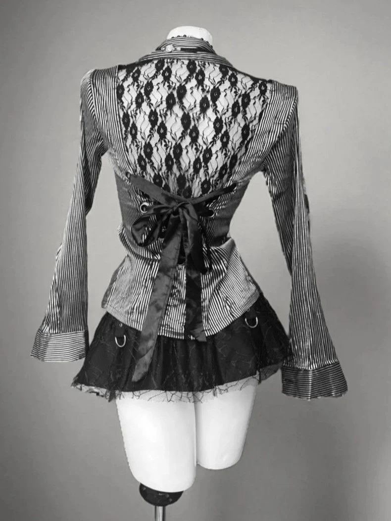 ’Sweet Entwine' Lace Patchwork Bow-Tie Blouse & Mini Skirt Set