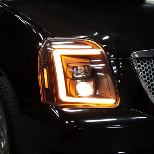 Fits 2007-2014 GMC Yukon XL 1500 2500 Upgraded LED Tube Switchback Sequential Turn Signal Projector Headlights Assembly Pair | Black Smoke
