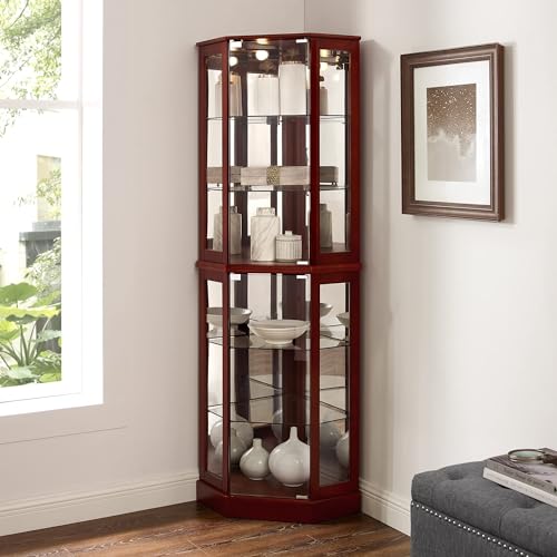 Goujxcy 72" Tall Corner Display Cabinet Lighted Curio Cabinet, 6-Tier Wood Curio Showcase Collection Art Display Case, Bar and Liquor Storage Area with Glass Doors and Adjustable Shelves (Cherry)