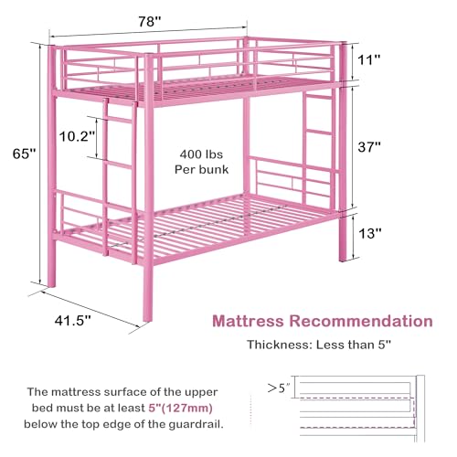 VECELO Metal Loft Bed Twin Size, Heavy Duty Bedframe with Removable Ladder and Safety Guardrail, Space-Saving, Noise Free, No Box Spring Needed, Off White