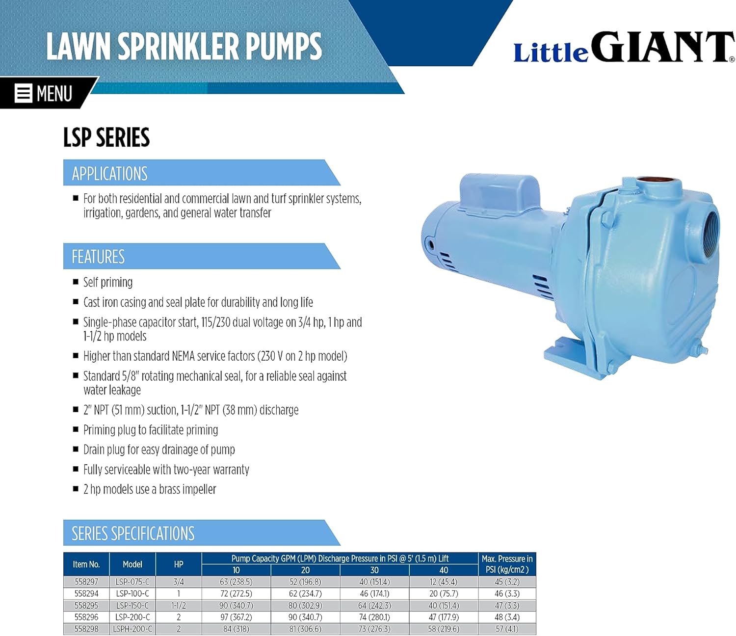 Little Giant LSP-150-C 1.5 HP, 115 or 230 Volts, 90 GPM, 47 PSI Sprinkler/Irrigation Pump, Blue, 558295