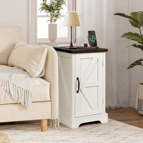 VOWNER 2PCS Farmhouse Nightstand with Charging Station, 17" Rectangular End Table with Barn Door, Wood Rustic Sofa Side Table for Living Room, Bedroom, White