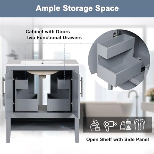 30" Bathroom Vanity with Sink,Bathroom Storage Cabinet with 2 Soft Closing Doors and Drawer,Multi-Functional Bathroom Vanities,Solid Wood Frame,Easy Assmebly(White)