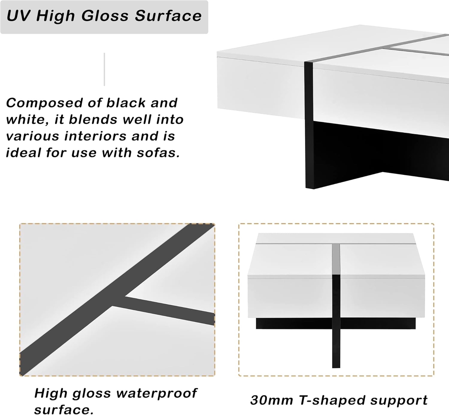 Merax Contemporary Rectangle Coffee Table, Modern High Gloss Surface, Living Room Furniture, White and Black