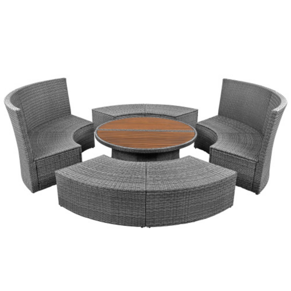 TOPMAX Patio 5-Piece Round Rattan Sectional Sofa Set All-Weather PE Wicker Sunbed Daybed with Round Liftable Table and Washable Cushions for Outdoor Backyard Poolside Beige + Rattan + Foam