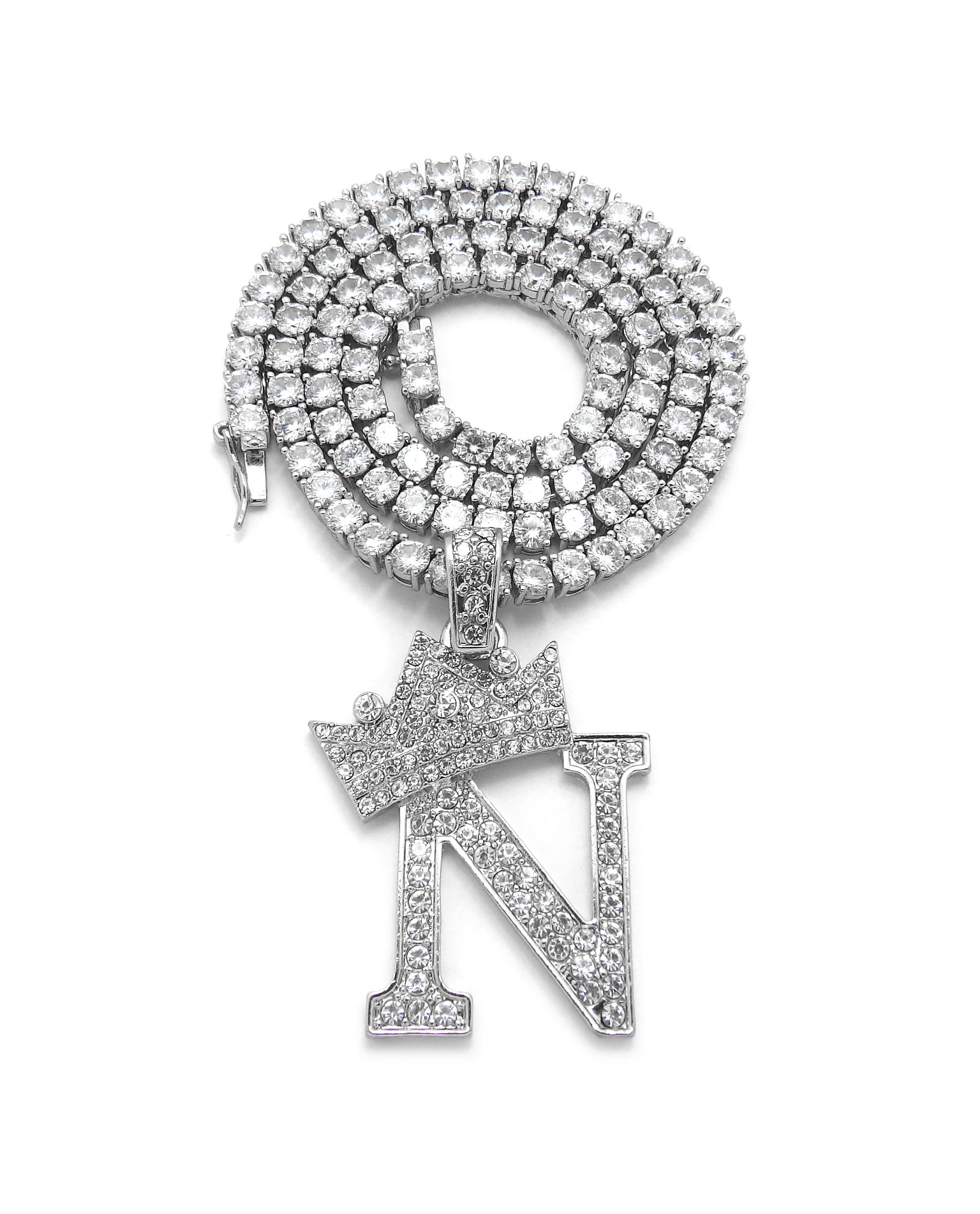 Iced Out Crown Initial Letter Pendant 4mm/18",20" Ice CZ Tennis Chain Hip Hop Necklace ( Silver N 20" )