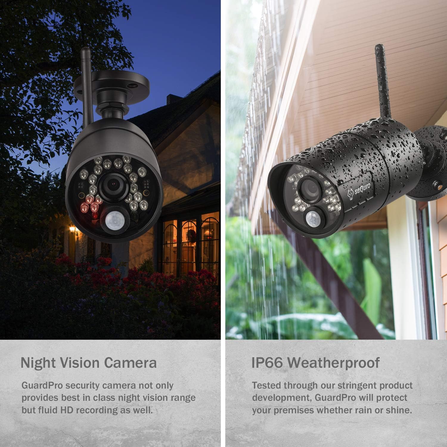 sequro GuardPro Wireless Surveillance Security Camera System Monitor, Weatherproof Outdoor Night Vision HD AC-Powered Camera and Home Surveillance 4CH Monitor DVR Kit with Smartphone Access, 2-cam Kit