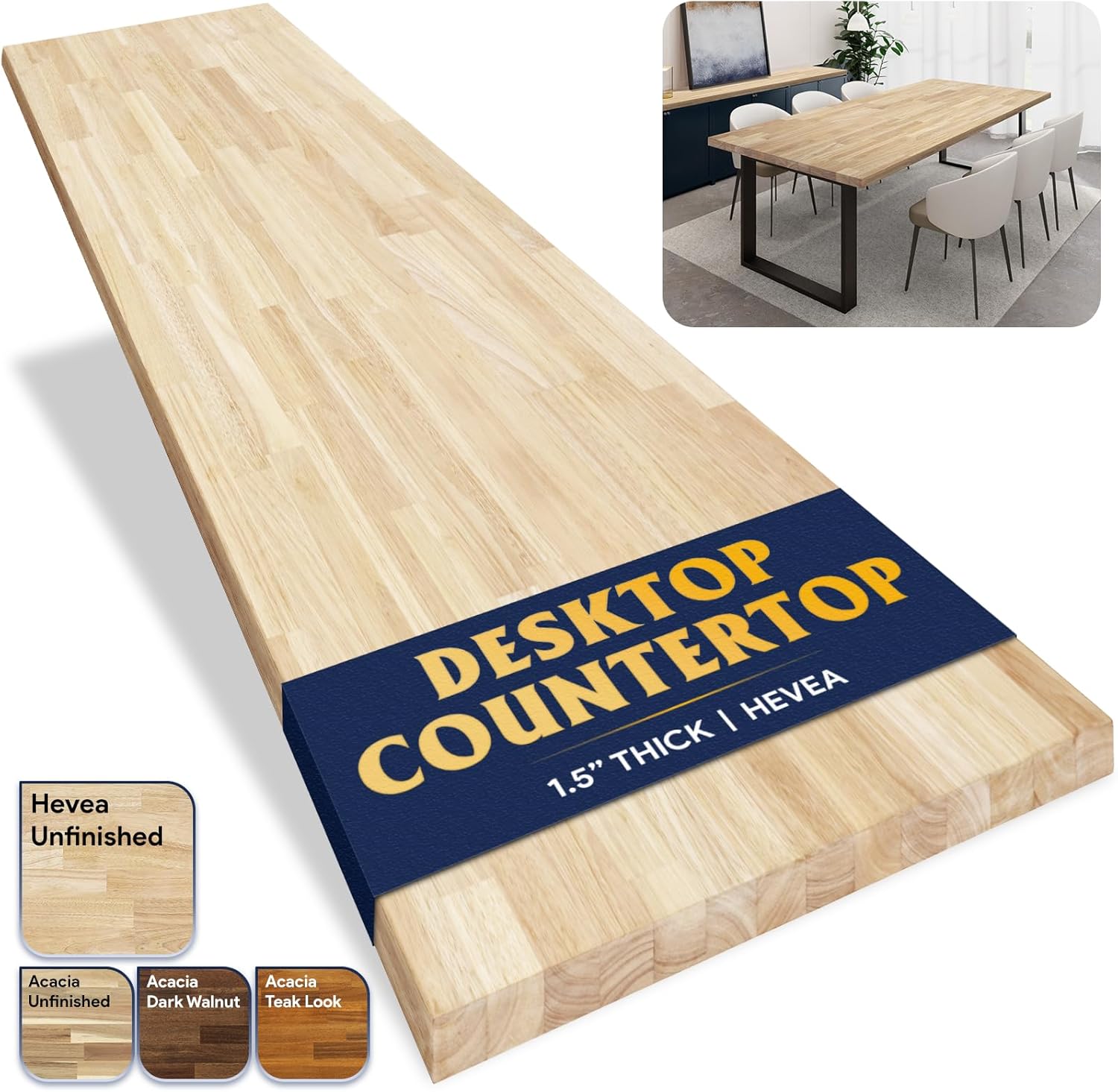 4ftx30 x1.5 Desktop Hevea Butcher Block Countertop, Unfinished Solid Wood Butcher Block Table Top for DIY Coffee Table/Workbench