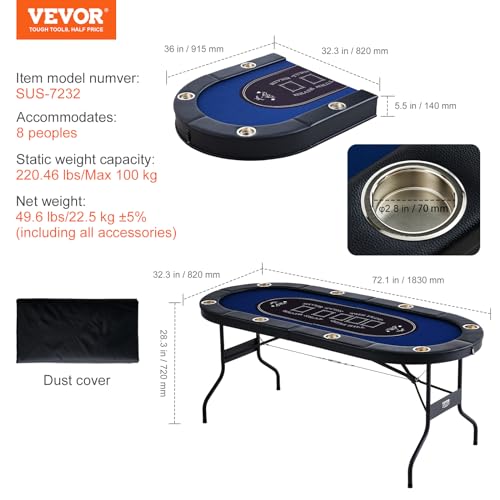VEVOR 10 Player Poker Foldable Portable Folding Card Board Game, Casino Leisure, Blackjack Texas Holdem Table with Padded Rails and Stainless Steel Cup Holders, 84", Blue