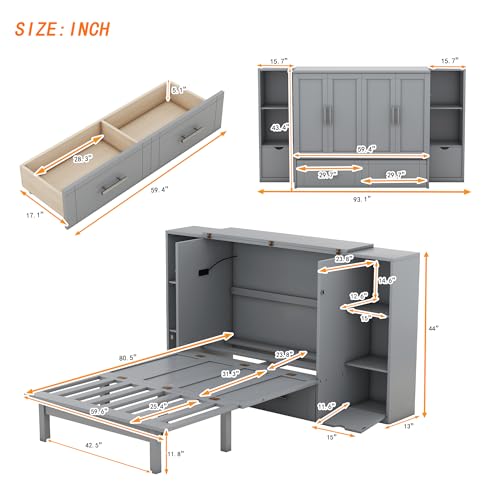 Full Size Murphy Wall Bed With Storage and Bookcase Headboard, Solid Wood Cabinets With Shelves, Drawers and USB Ports, Multi-Function Platform for Home Office, Guest Room - White