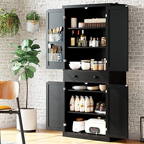 IRONCK Kitchen Pantry Storage Cabinet 72.6" H, with Barn Doors, Drawer, 4 Adjustable Shelves, Freestanding Cupboard for Dining Room Living Room, Laundry, White