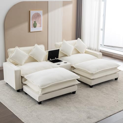 Sectional Couches for Living Room, Sectional Sofa Comfy Sofa Couch with 2 Removable Ottoman & 2 USB Ports, Built-in 2 Cup Holders and Storage Box, 2-Seat Small Couches for Bedroom, Apartments, Beige