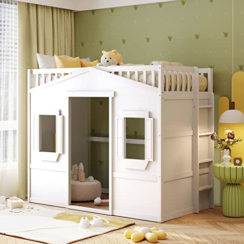 Full House Loft Bed Frame for Kids, Wood Full Loft Bed with Windows and Guardrail, Playhouse Bed, Full Size Loft Bed for Boys & Girls, No Box Spring Needed, Underbed Height is 51 Inches, White