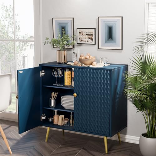 Buffet Cabinet with Storage, Blue Accent Cabinet with Carved Texture, Sideboard Buffet Cabinet with 2 Doors and Shelves, Modern Credenza Storage Cabinet for Living Room