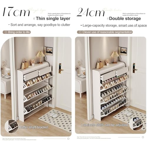 Shoe Storage Cabinet with 2 Flip Drawers, White Shoe Storage Cabinet for Entryway Slim,Hidden Narrow Shoe Organizer,Freestanding Shoe Storage Rack for Hallway Living Room, Single Layer 65cm
