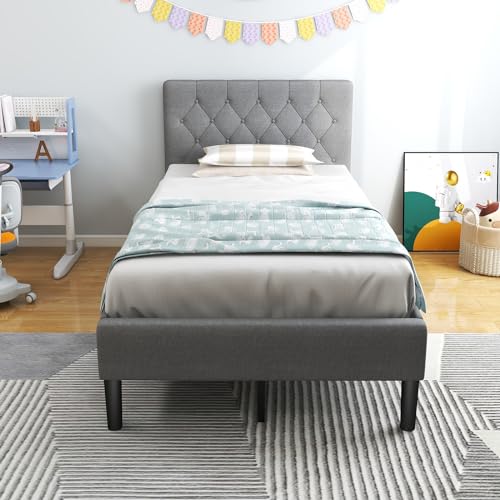 Giantex Twin Bed Frames for Kids, Modern Upholstered Platform Bed with Button Tufted Headboard, Wooden Slats Support Mattress Foundation, No Box Spring Needed, Kids Twin Bed for Girls Boys, Grey