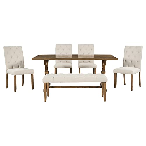 LUMISOL Wood Kitchen Dining Room Table Set for 6 Persons with Bench and Chairs, Farmhouse Rustic 6 Piece Dining Table Set with Recantgle Table and Upholstered Bench and Chairs, Natural Cherry