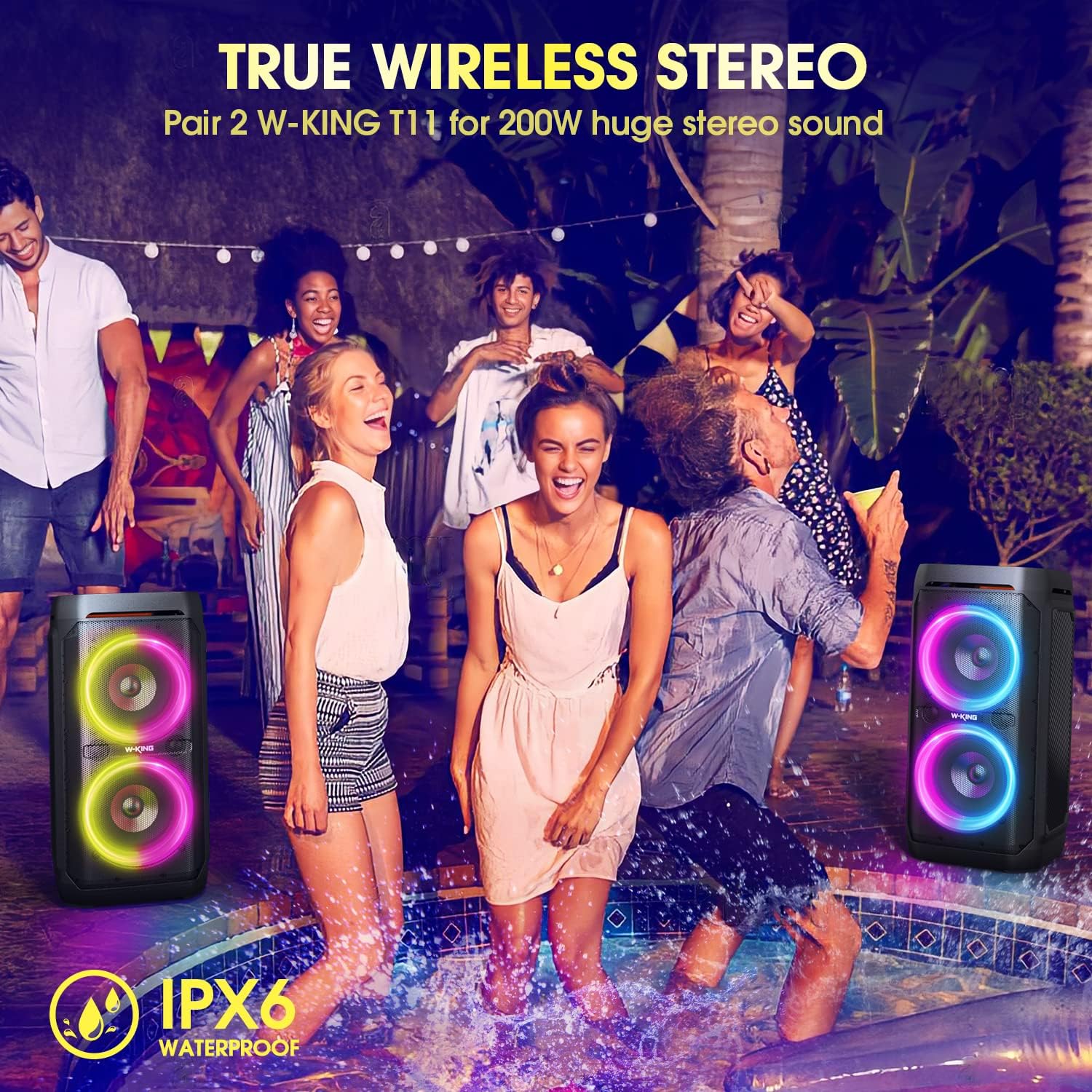 W-KING 220W Peak 100W RMS Bluetooth Speakers, IPX6 Waterproof, V5.3 Portable Party Boombox Speaker Wireless Deep Bass/115dB Loud Massive Sound,Karaoke Outdoor LED Lights/Mic & Guitar Port/Echo/USB/EQ