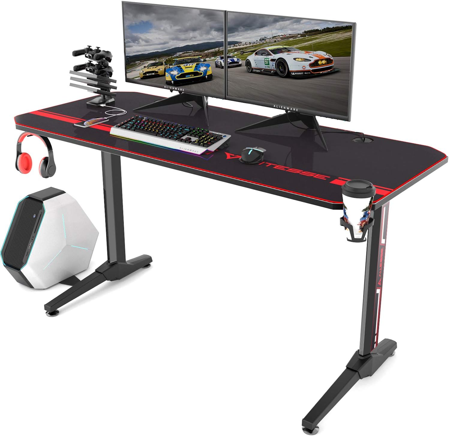 VITESSE 55 inch Gaming Desk, Gaming Computer Desk, PC Gaming Table, T Shaped Racing Style Proitessfessional Gamer Game Station with Mouse pad, USB Gaming Handle Rack, Cup Holder Headphone Hook