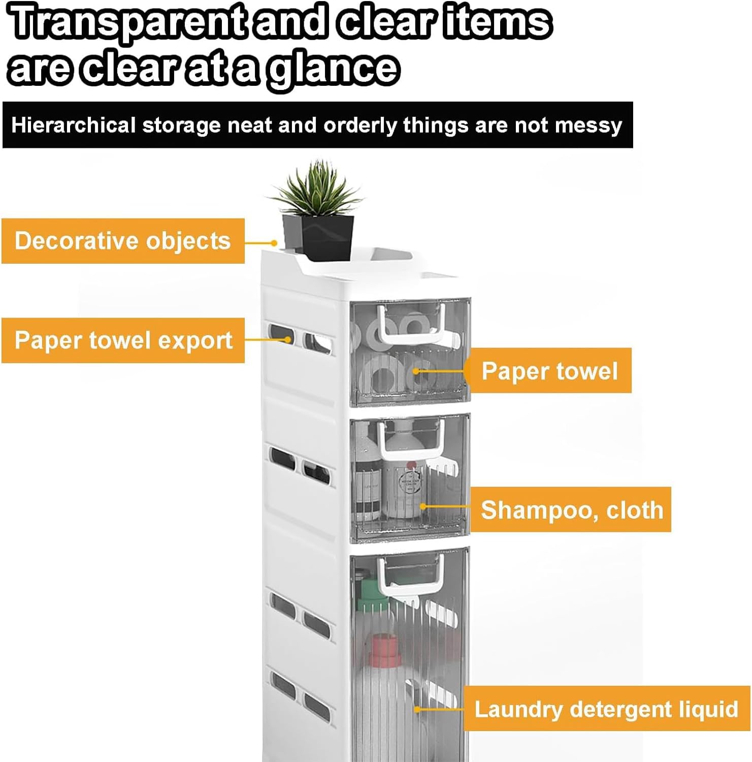 Standing Storage Cabinet 4 Tier Small Spaces Gaps Bathroom Storage Cabinet Side Narrow Organizer with Clear Drawers and Casters Bathroom Floor Cabinet for Kitchen, Bathroom, Bedroo