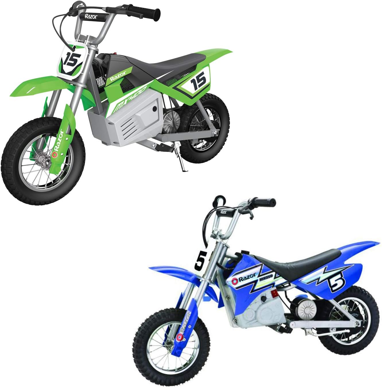 Razor MX350 and MX400 Dirt Rocket 24V Electric Motocross Motorcycle Dirt Bike with Hand-Operated Brakes and Retractable Kickstand, 1 Blue & 1 Green