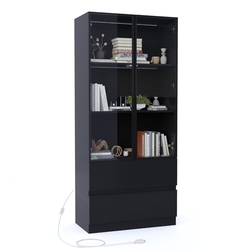 Glass Display Cabinet, Display Case Cabinet with LED Lights, Display Cabinet with Glass Door, Curio Cabinet with 3-Tier Shelves and 2 Drawers, Storage Cabinet for Living Room, Bedroom