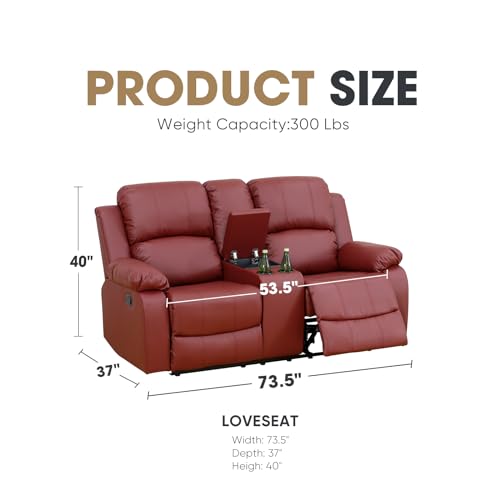 Recliner Loveseat, Leather Couch Living Room 2-Seat Sofa Chair with Storage Box and Cup Holders for Apartment, Home, Office (Red)