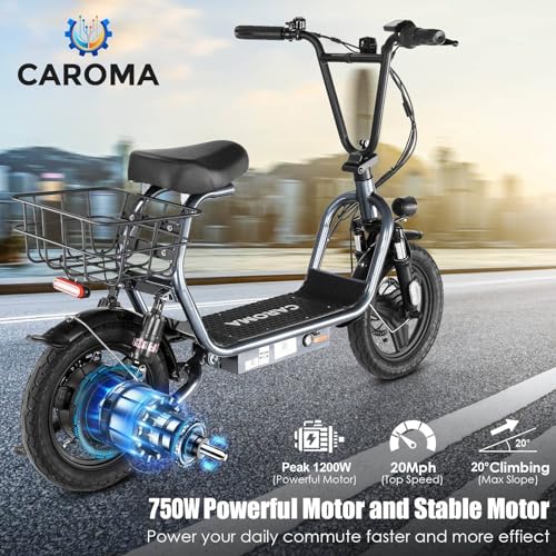 Caroma Peak 500W/800W/1200W Electric Scooter with Seat, Max 15/20/30Miles Range&20MPH, 14" Tires Foldable Adult Electric Scooter with Basket for Pets & Cargo, Dual Shock Absorbing Ebike for Commuting