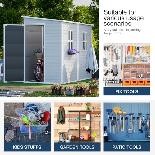 Outdoor Resin Storage Shed 8x4x6 FT Lean to Shed with Floor Included 2 Windows Lockable Door,Waterproof Outside Plastic Sheds for Backyard Garden Patio Lawn Tools