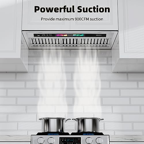 BRANO 30 Inch Insert Range Hood with Voice/Gesture/Touch Control, 900 CFM Built-in Kitchen Hood Vent with 4 Speed Exhaust Fan, Memory Mode, Adjustable Lights, Ducted/Ductless Convertible