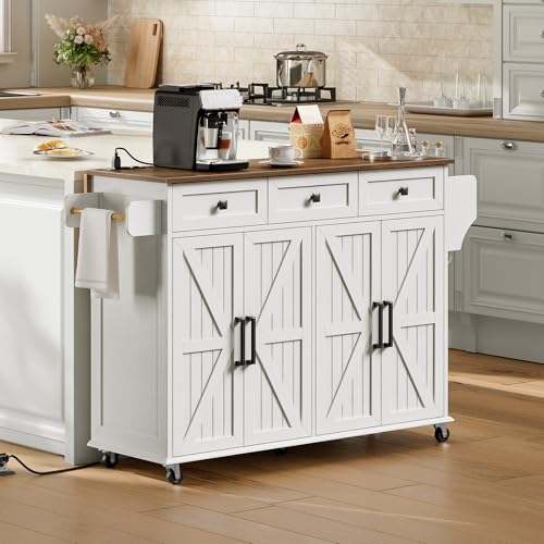 Kitchen Island with Drop Leaf, Kitchen Cart with Charging Station, Kitchen Table with Storage, Rolling Island Table with 3 Drawers, Towel Rack and Spice Rack, White and Walnut