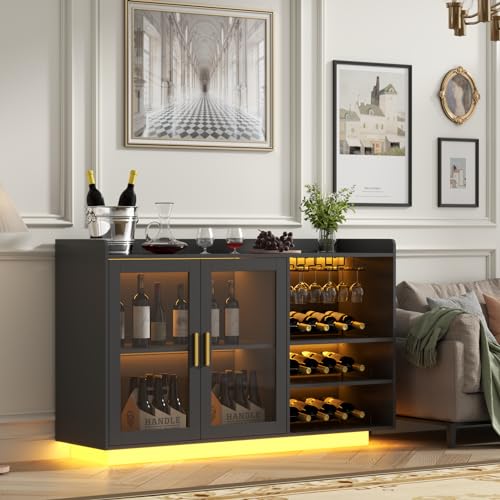 Loomie Wine Bar Cabinet with LED Lights, Floating Coffee Bar with Glass Rack and Removable Wine Racks, Modern Buffet Sideboard with Storage Shelves, Kithchen Bar with Glass Cabinet Doors, Black